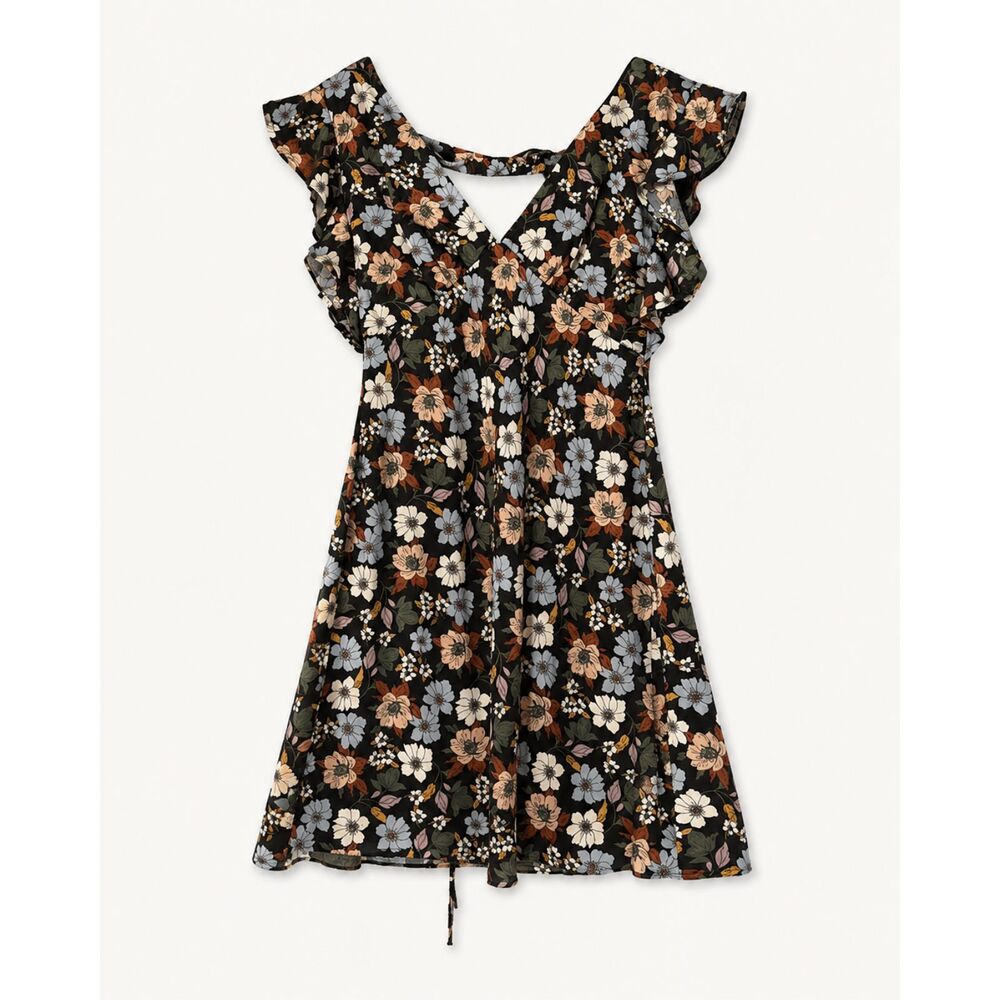Floral Ruffle-Sleeve V-Neck Dress in Black